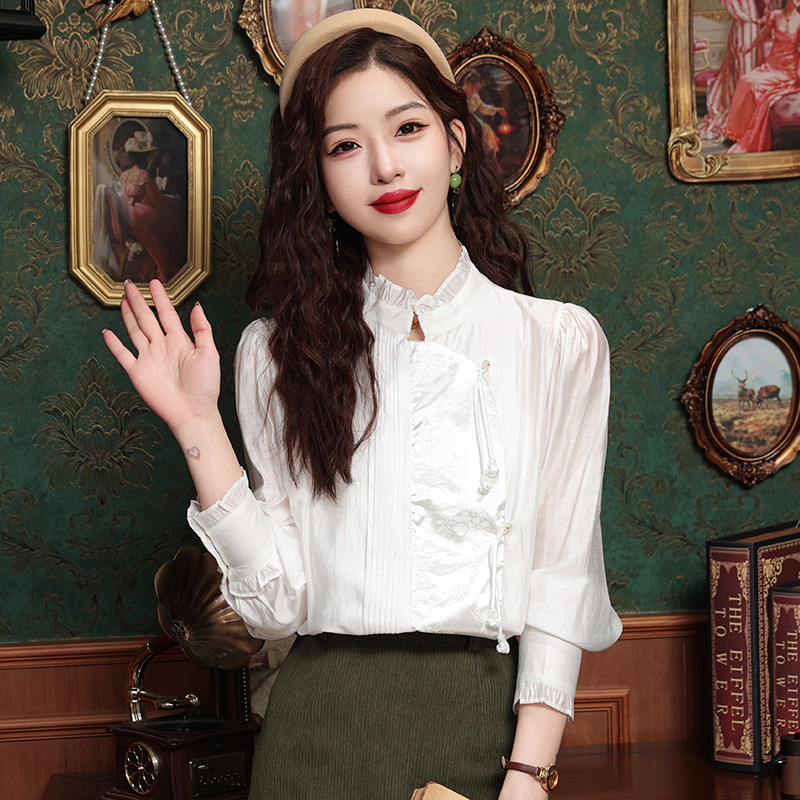 Chinese style chiffon shirt placket shirt for women