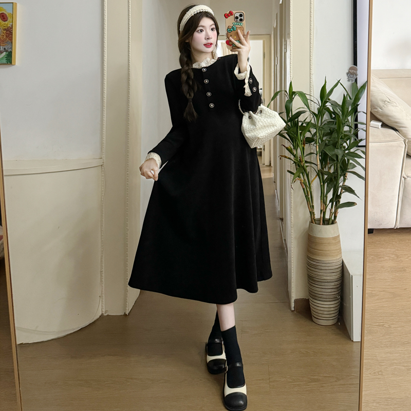 Black France style spring and autumn lace dress