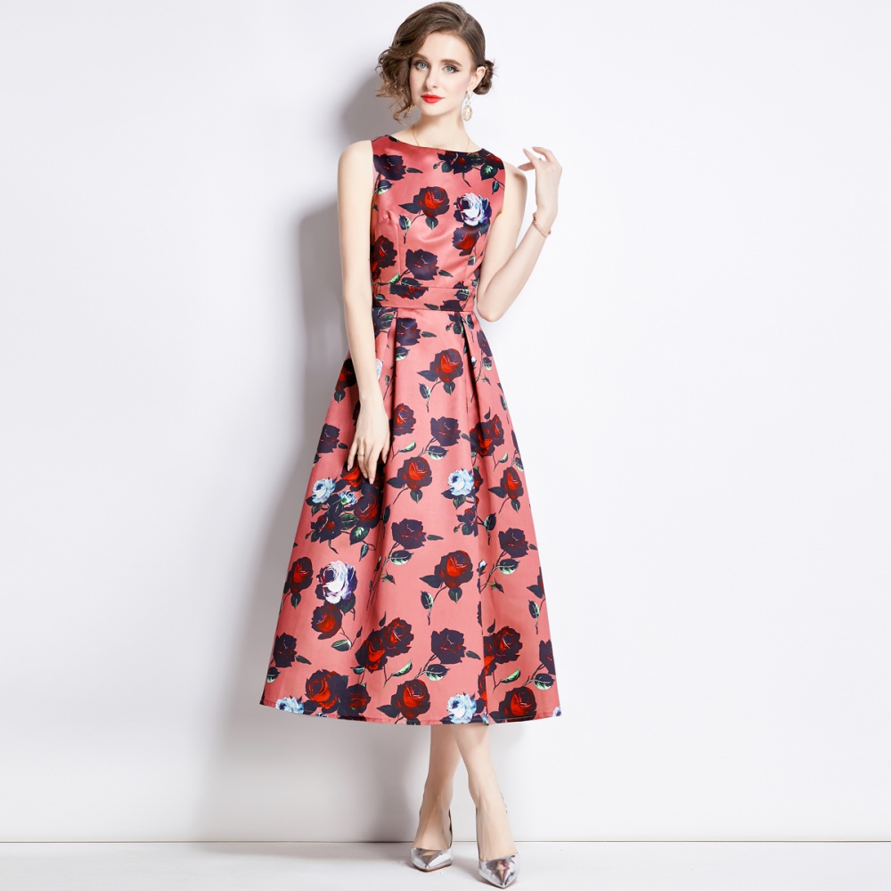 Sleeveless pinched waist clipping stereoscopic A-line dress