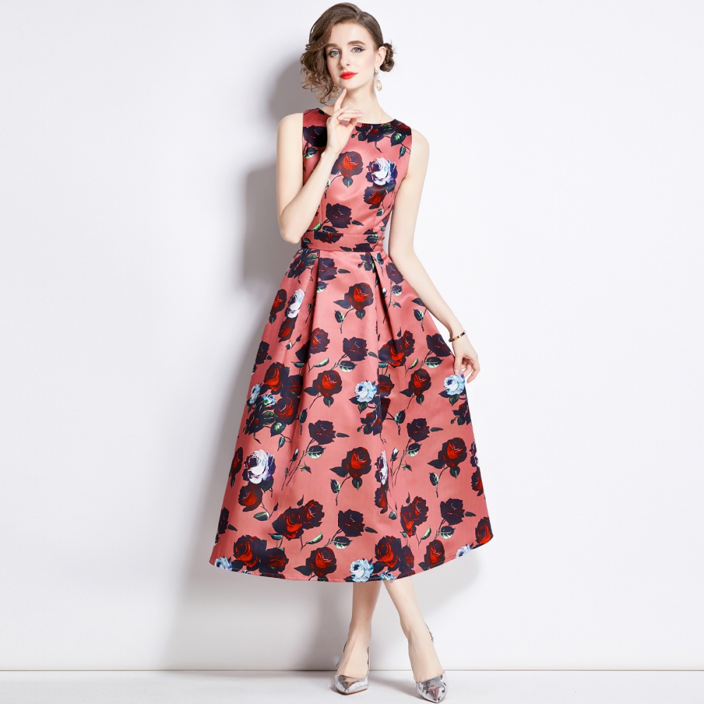 Sleeveless pinched waist clipping stereoscopic A-line dress