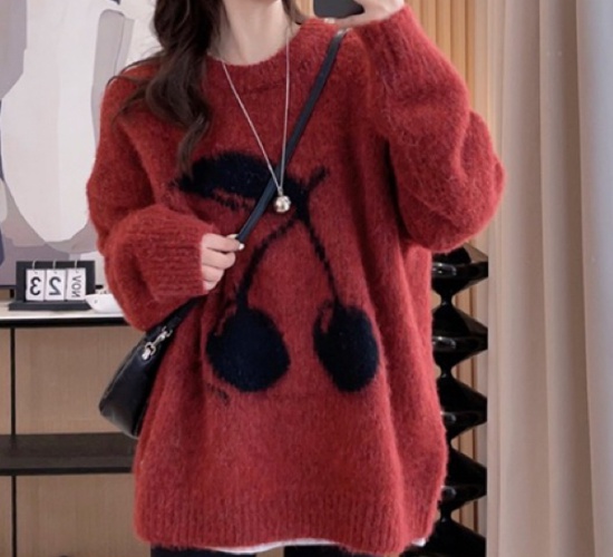 Autumn Korean style jacquard cherry loose sweater