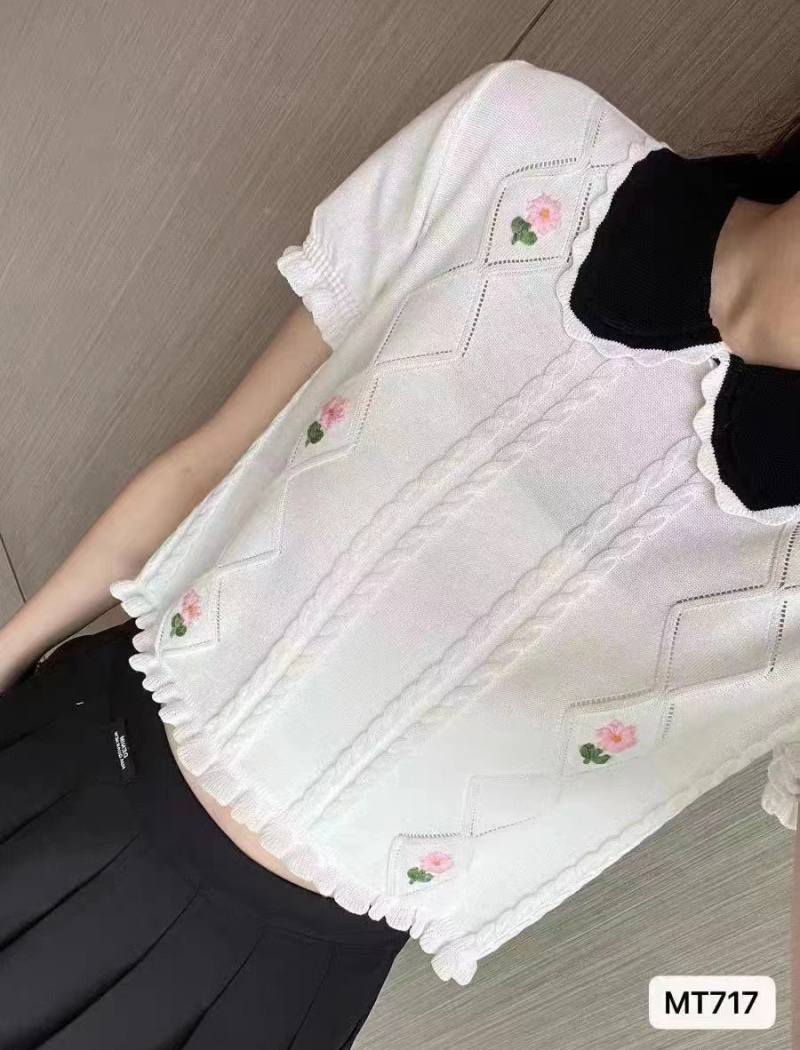 Slim short sleeve embroidered flowers lapel tops for women