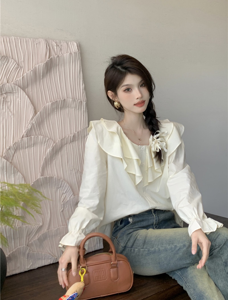 Long sleeve Korean style lotus leaf edges shirt