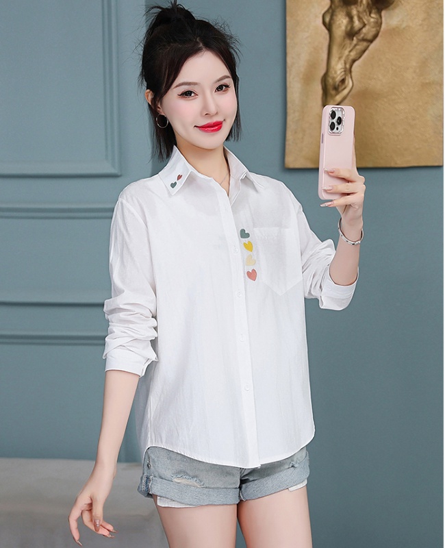 All-match spring and autumn long sleeve pure embroidery shirt