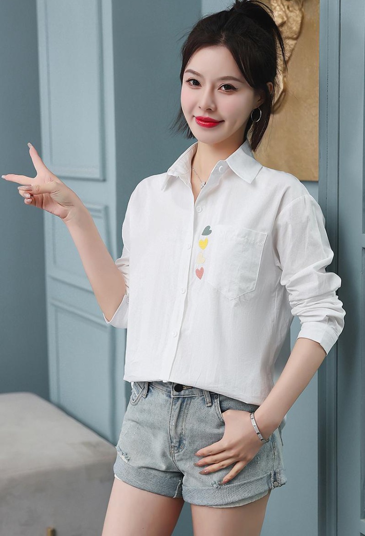 All-match spring and autumn long sleeve pure embroidery shirt
