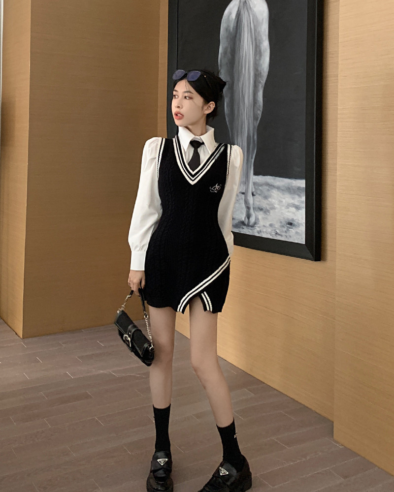 Knitted embroidery shirt mixed colors Woolen dress 2pcs set