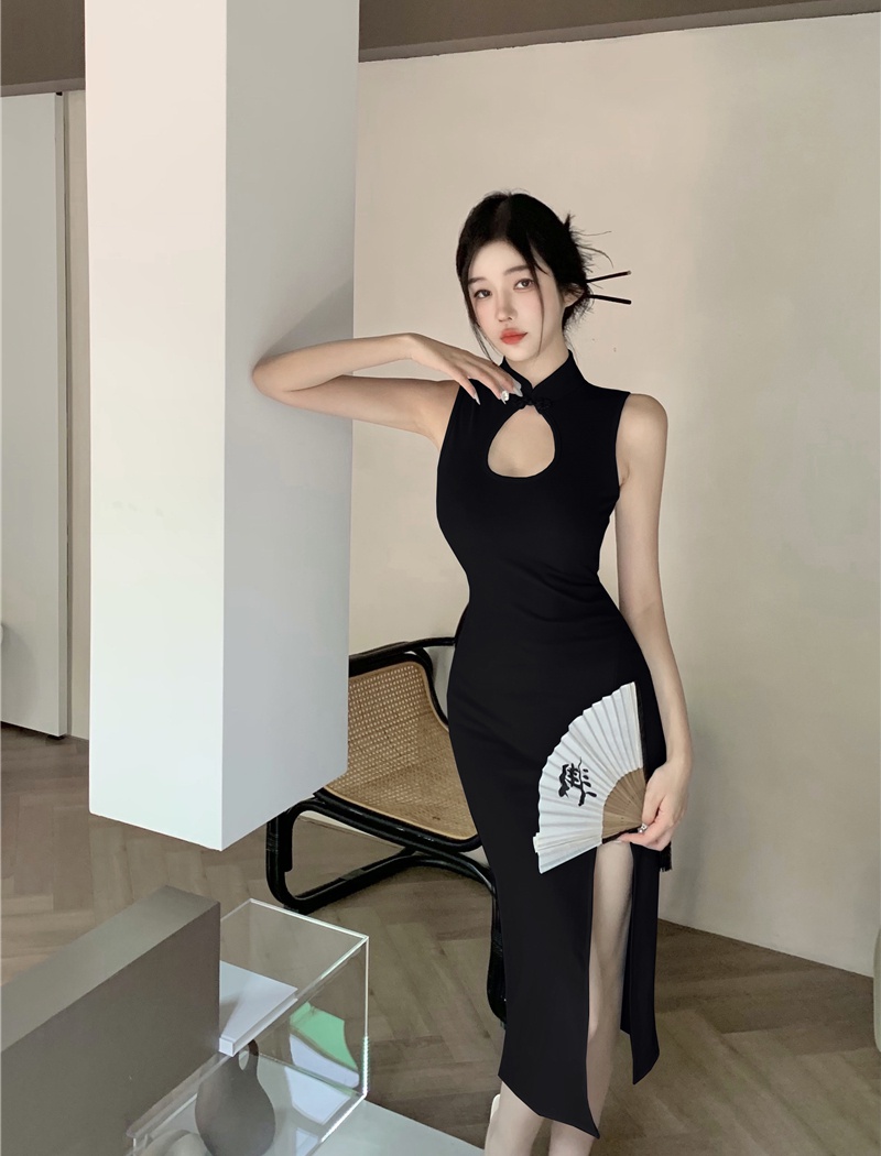 Temperament split slim cheongsam hollow sleeveless dress