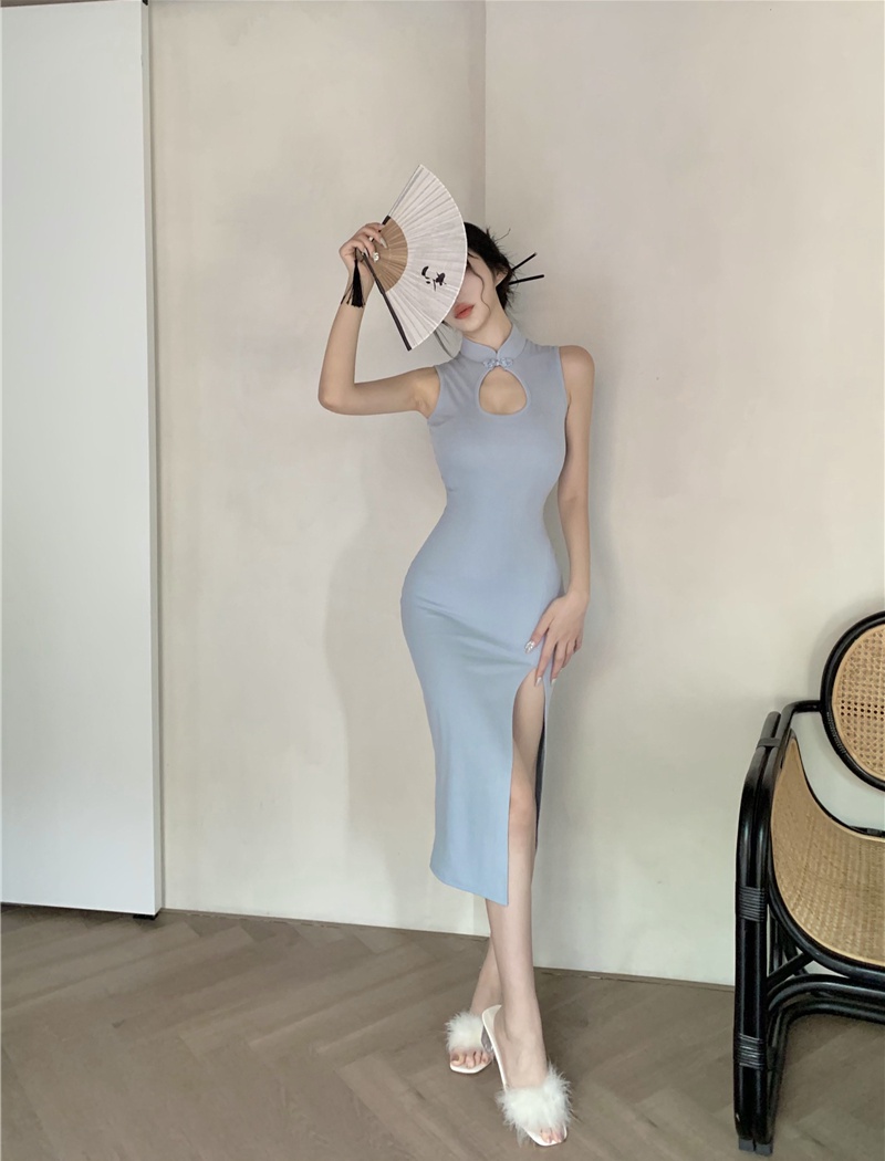 Temperament split slim cheongsam hollow sleeveless dress