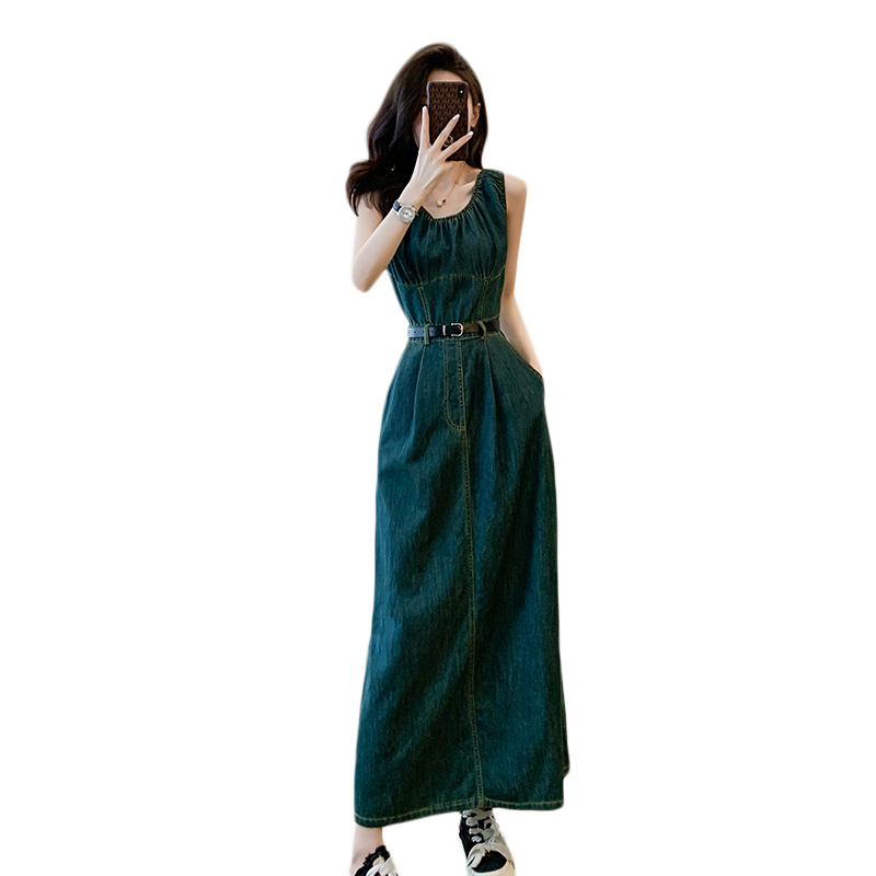 Denim high waist sleeveless dress sleeveless long dress