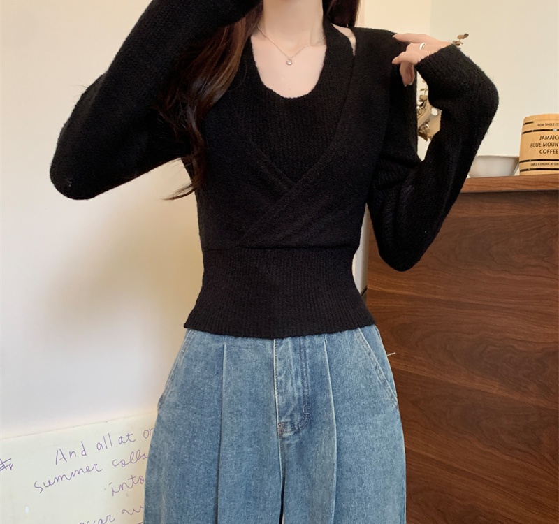 Knitted bottoming shirt Pseudo-two tops for women