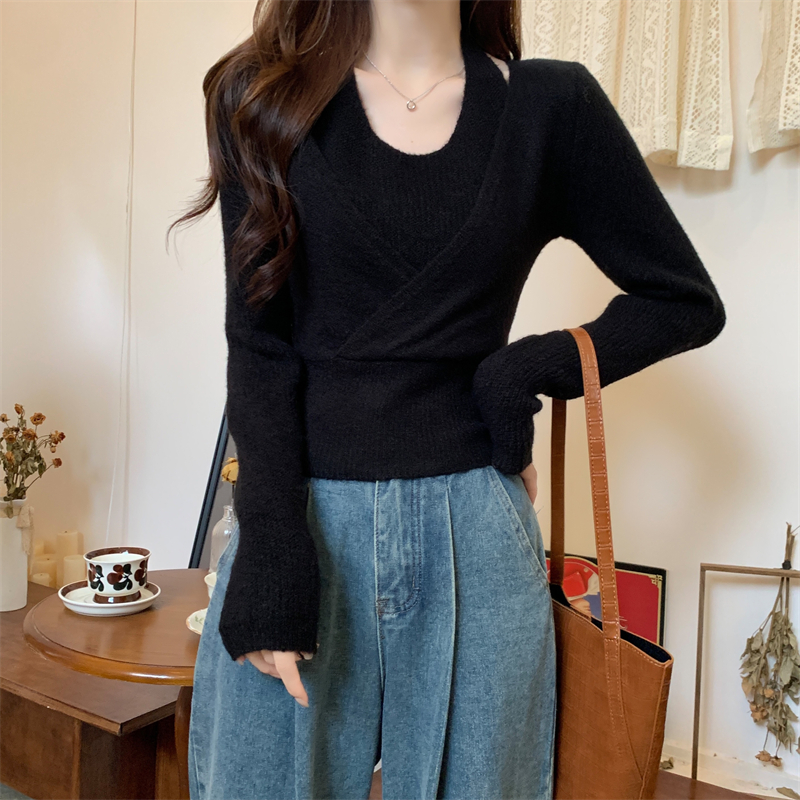 Knitted bottoming shirt Pseudo-two tops for women