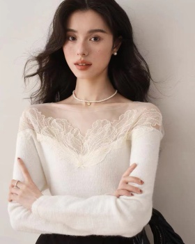 Gauze splice unique small shirt wool lace sweater