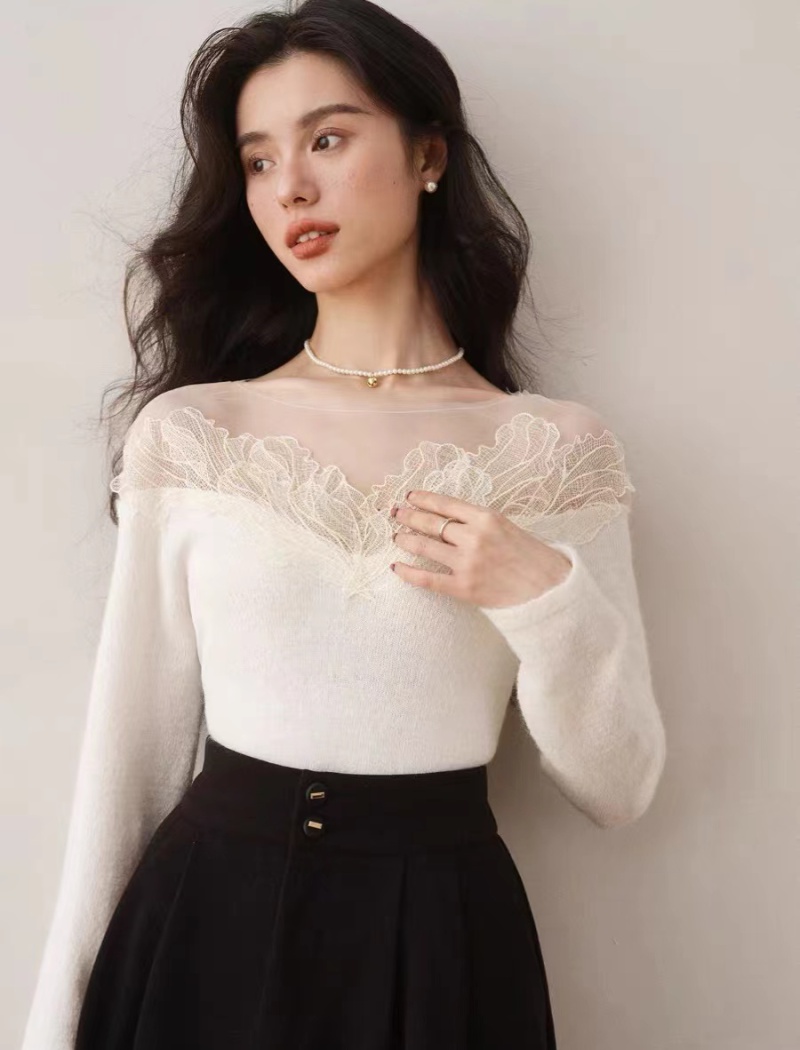 Gauze splice unique small shirt wool lace sweater