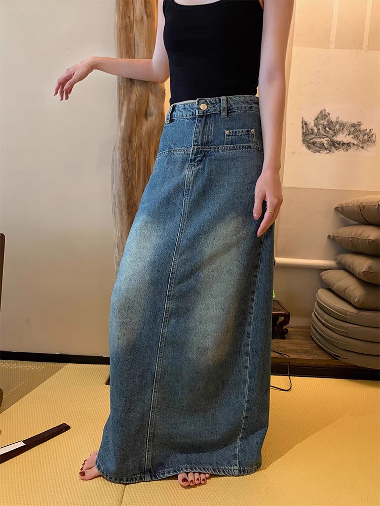 Denim package hip skirt retro long skirt for women