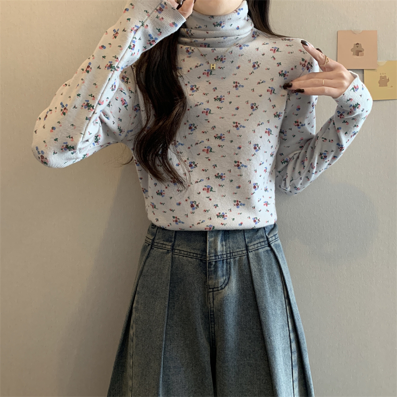 Casual thermal high collar floral all-match tops