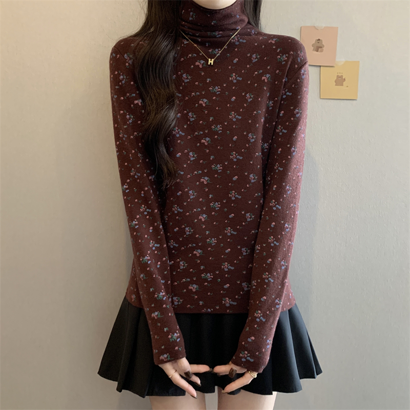 Casual thermal high collar floral all-match tops