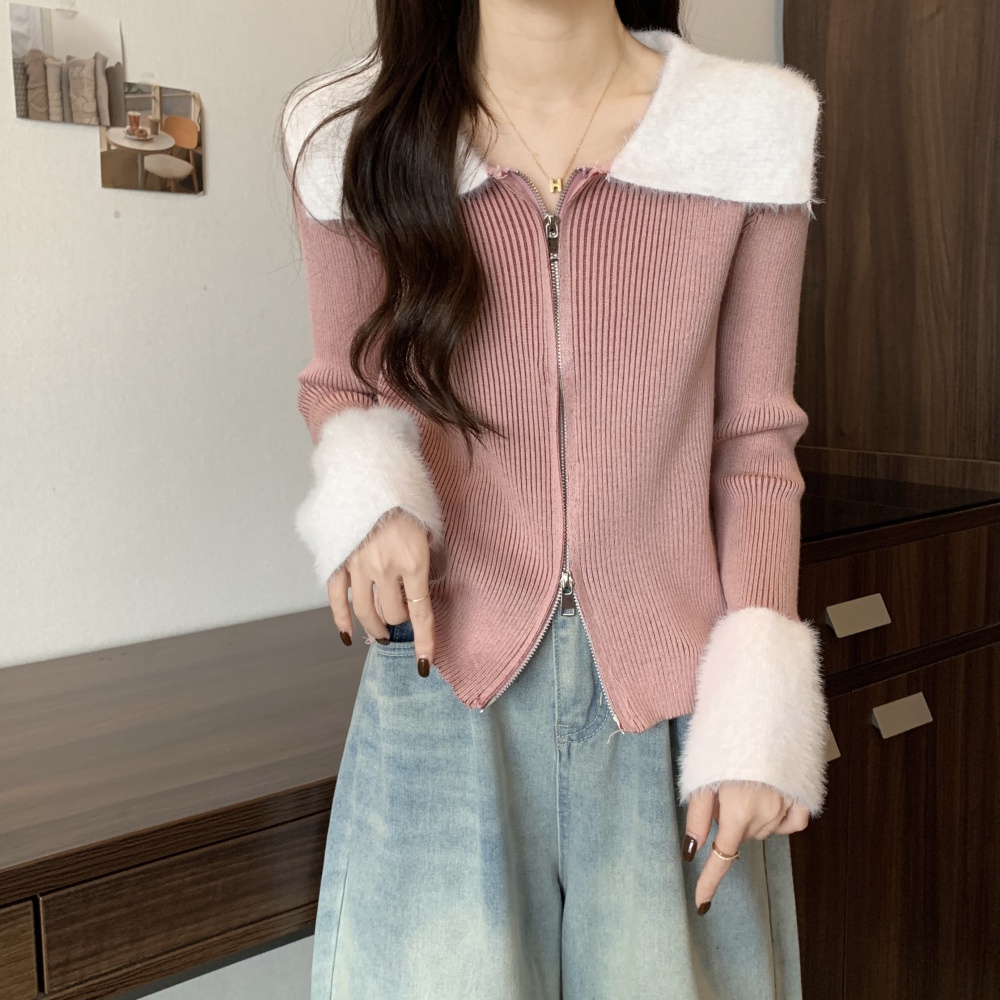 Pit stripe fluffy double zip Korean style sweater