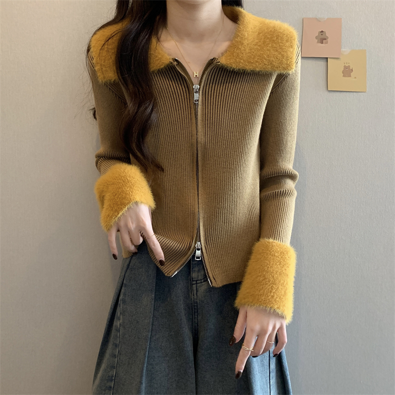 Pit stripe fluffy double zip Korean style sweater