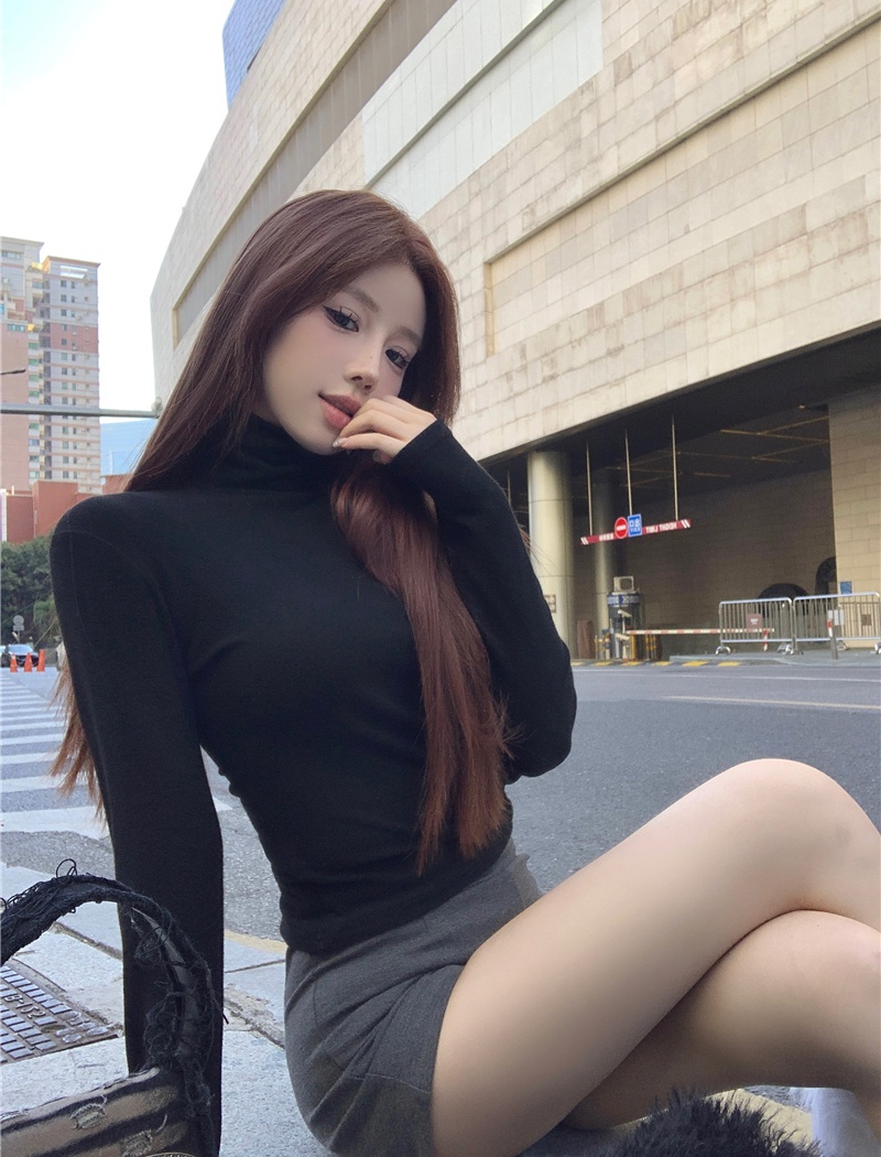 Backless high collar slim spicegirl bottoming black T-shirt