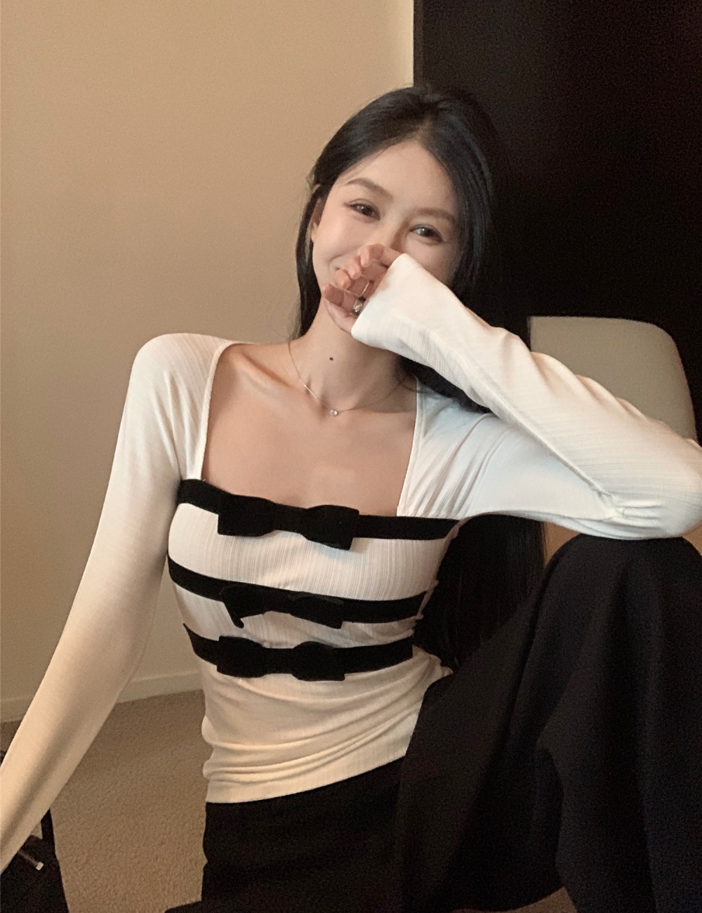 Splice heart sweet style bow slim bottoming shirt