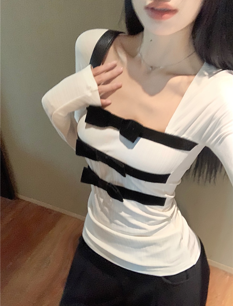 Splice heart sweet style bow slim bottoming shirt