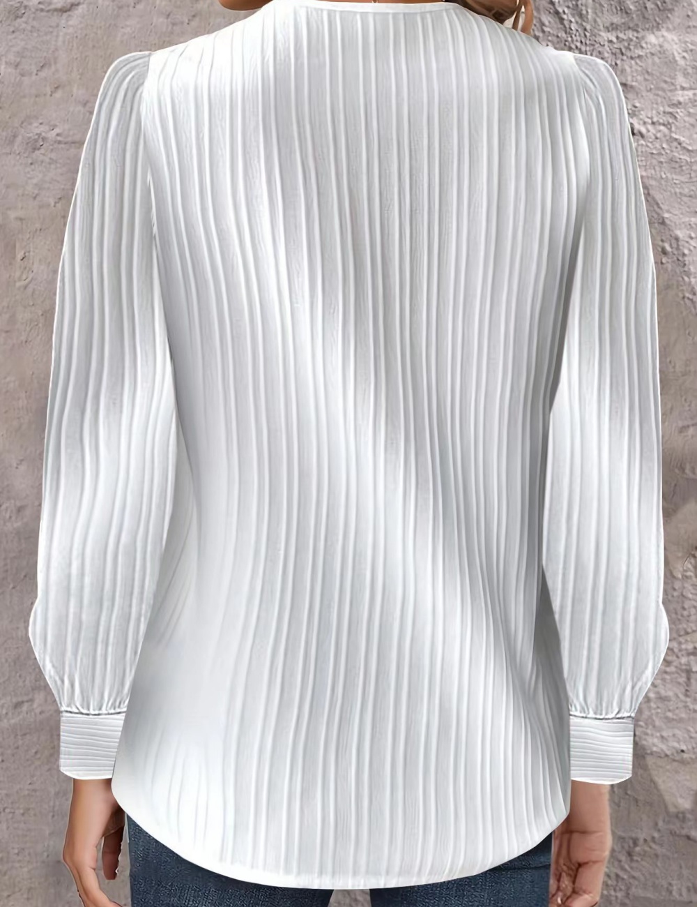 Simple pure V-neck buckle fold all-match long sleeve shirt