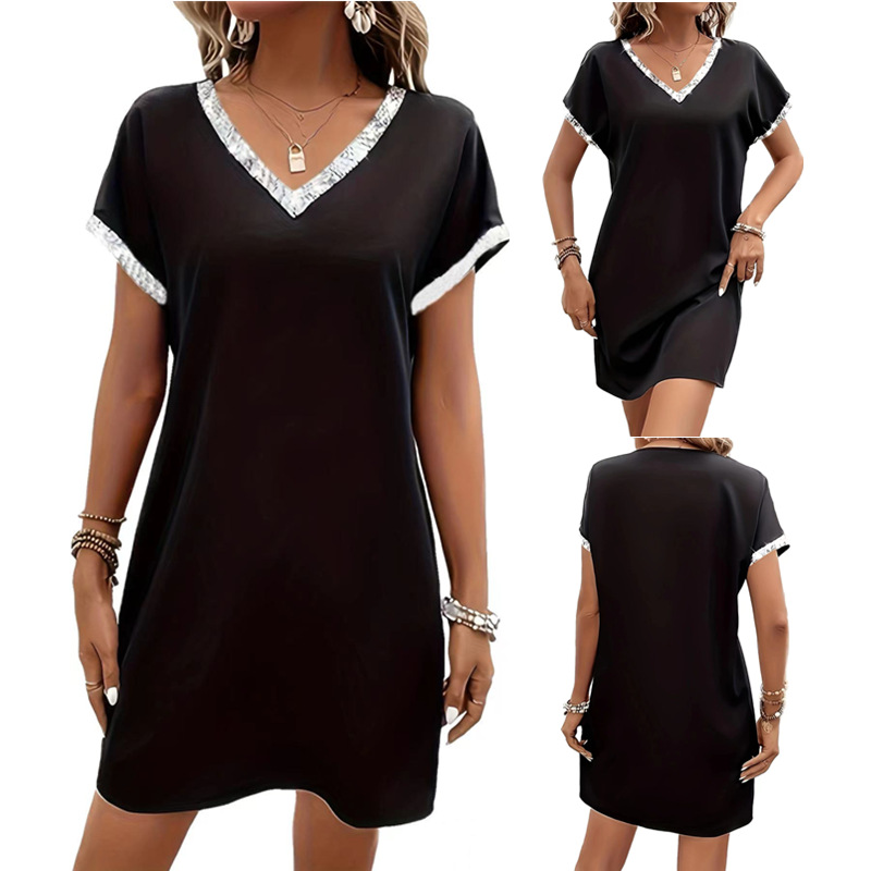 V-neck pure sequins short sleeve dress for women