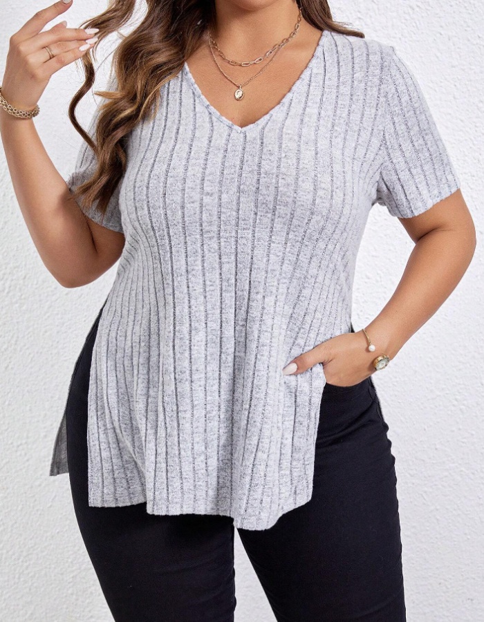 Split short sleeve tops sueding T-shirt for women