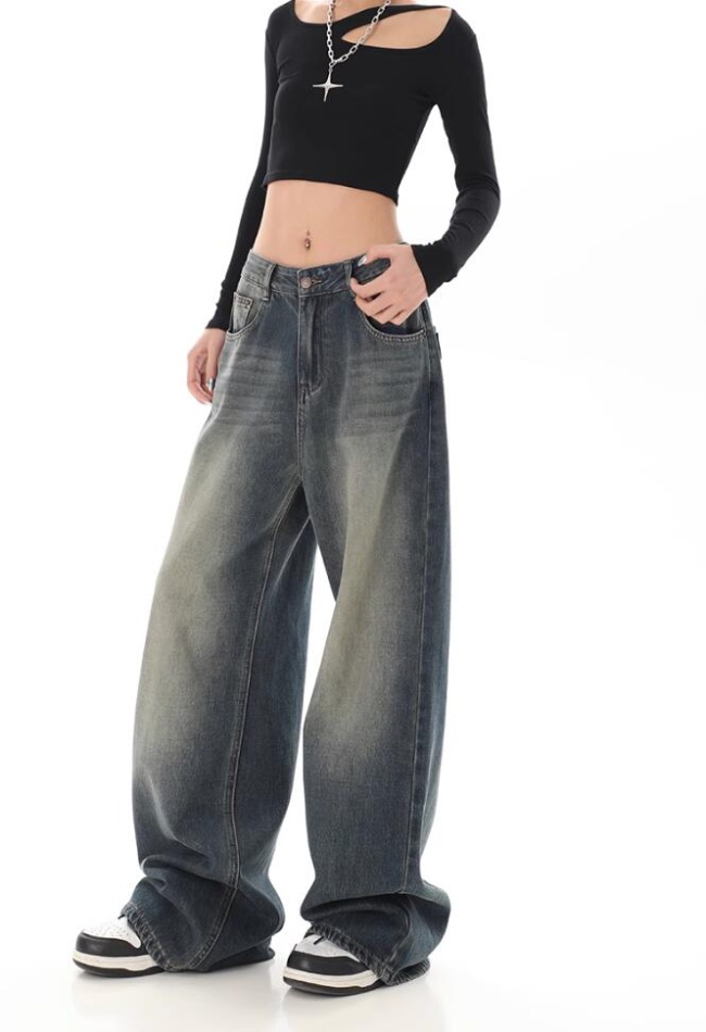 Washed straight pants slim wide leg retro jeans for women