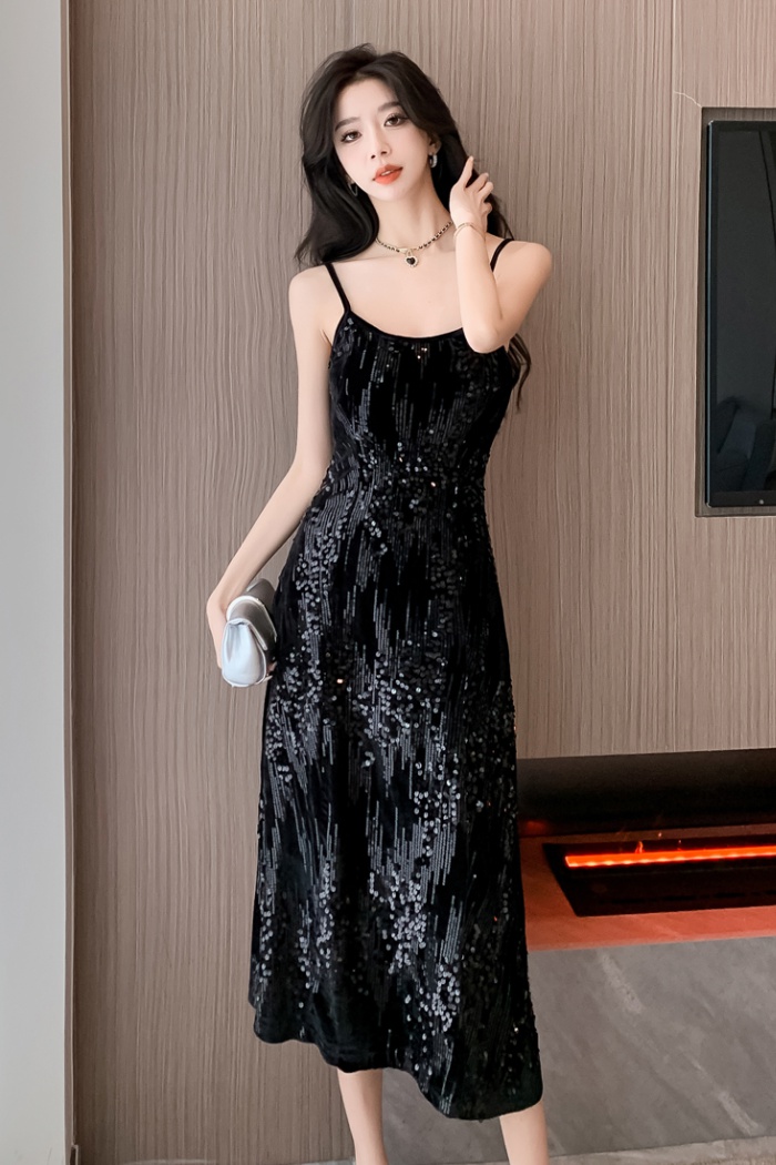 Temperament banquet black strap dress slim velvet dress