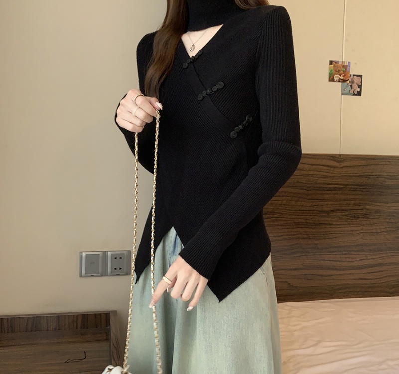 V-neck Chinese style sweater all-match pure tops for women
