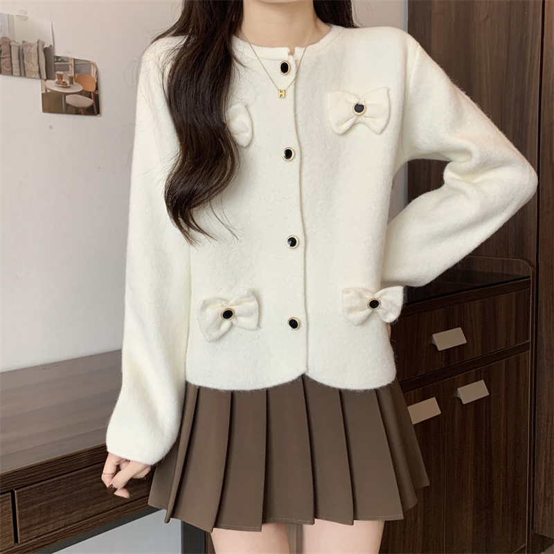 Bow decoration knitted sweater show young cardigan