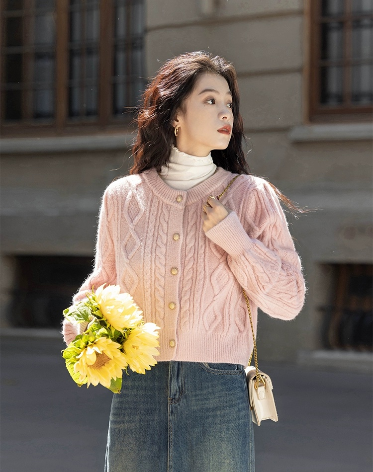 Knitted spring pink sweater round neck twist short coat