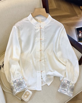 Embroidery Chinese style tops white cstand collar shirt
