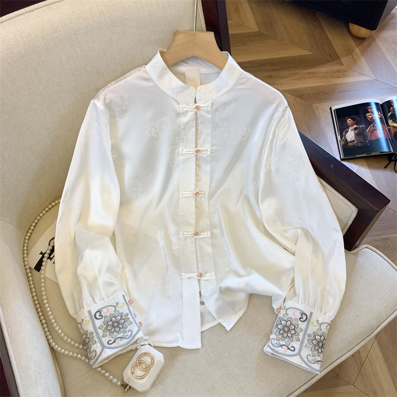 Embroidery Chinese style tops white cstand collar shirt