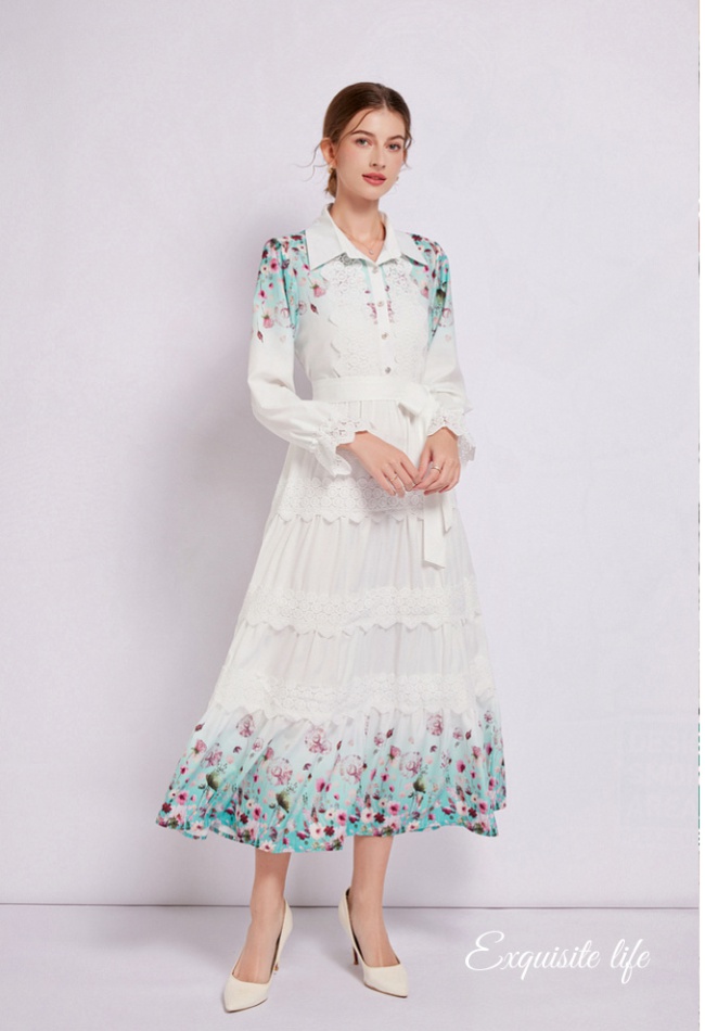 Printing long Bohemian style pinched waist lace dress