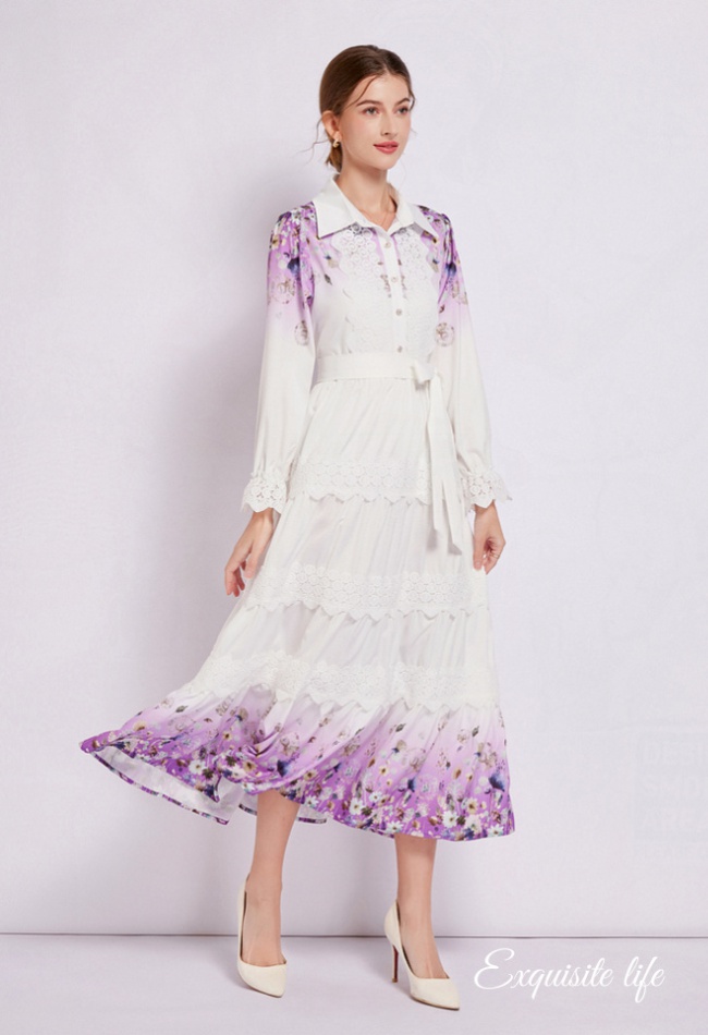 Printing long Bohemian style pinched waist lace dress