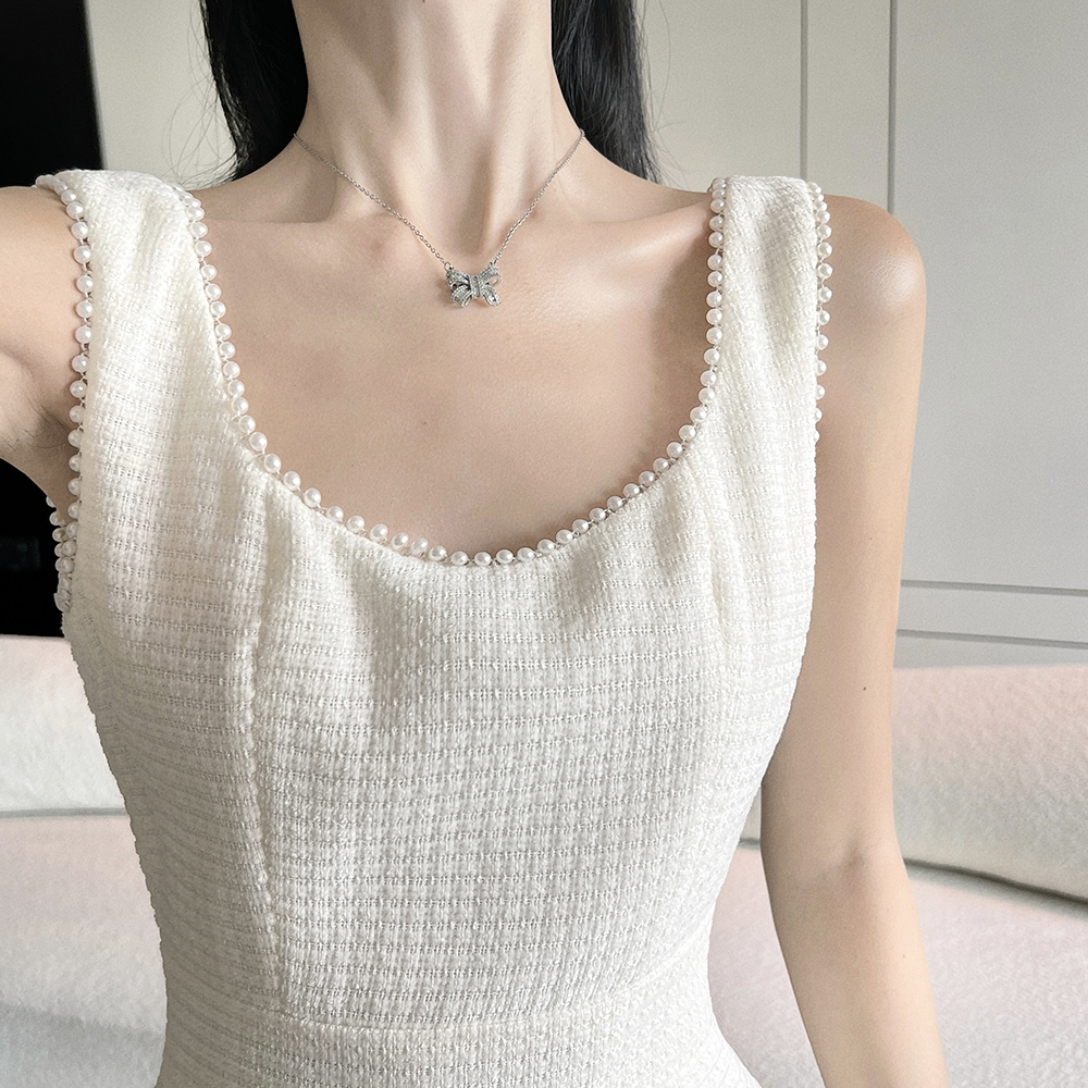 Slim package hip pearl U-neck dress for women