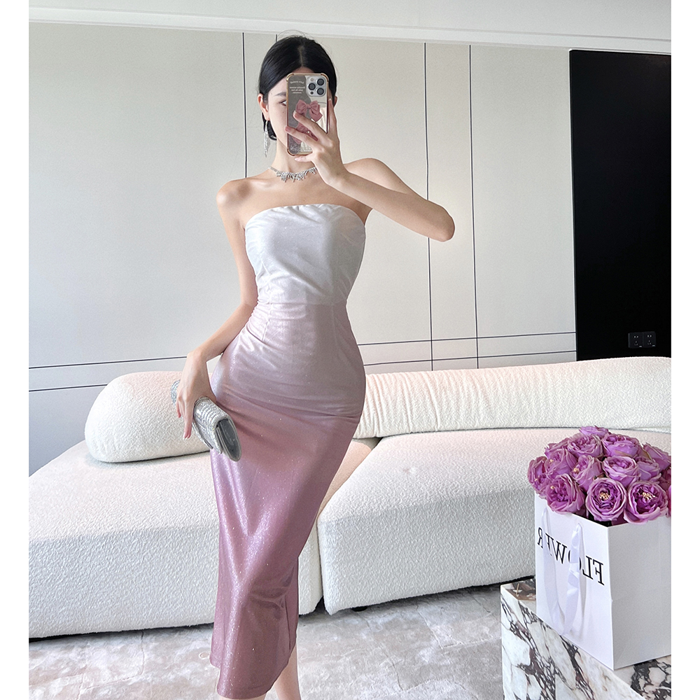 Package hip gradient long wrapped chest ladies dress