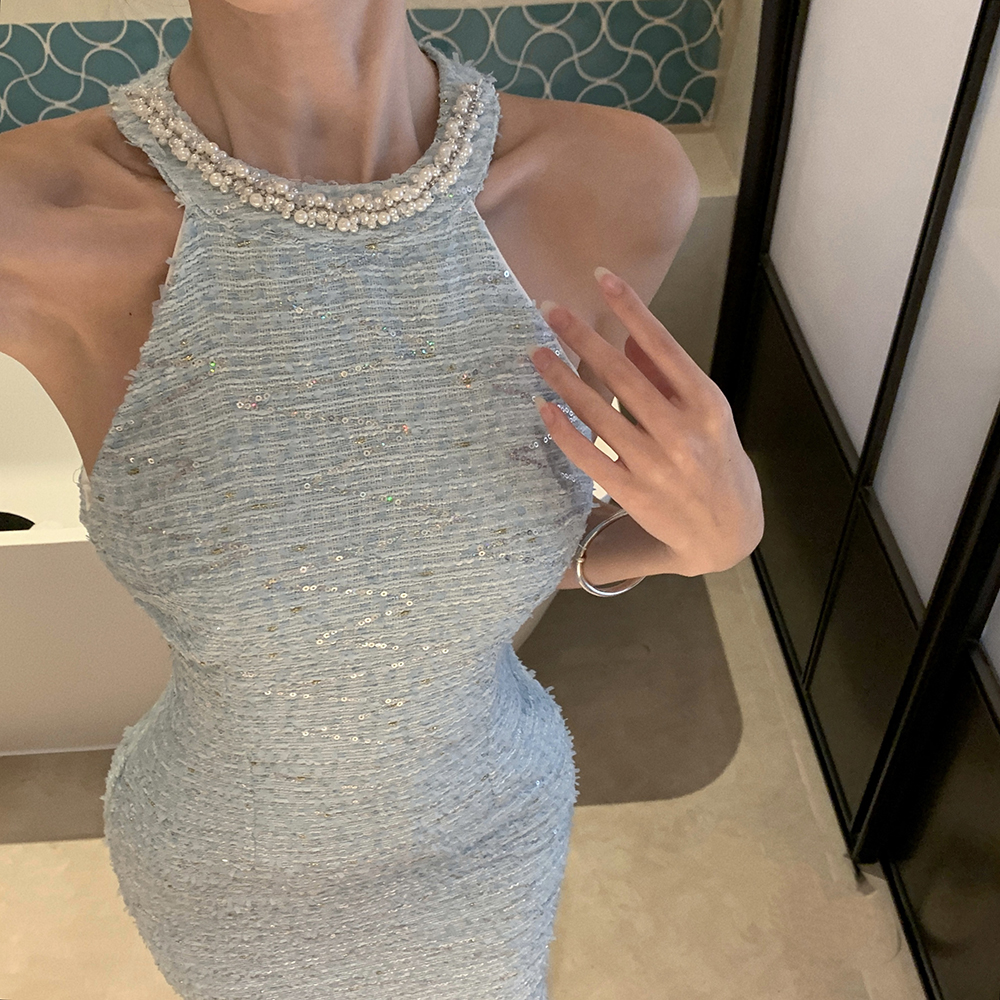 Slim pearl package hip temperament halter dress for women