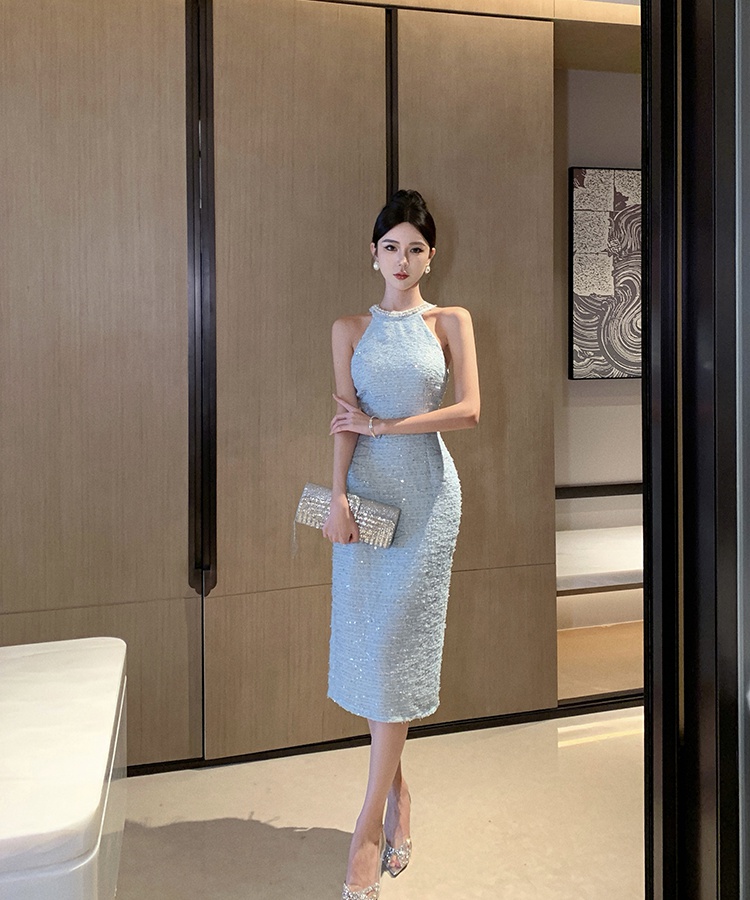 Slim pearl package hip temperament halter dress for women