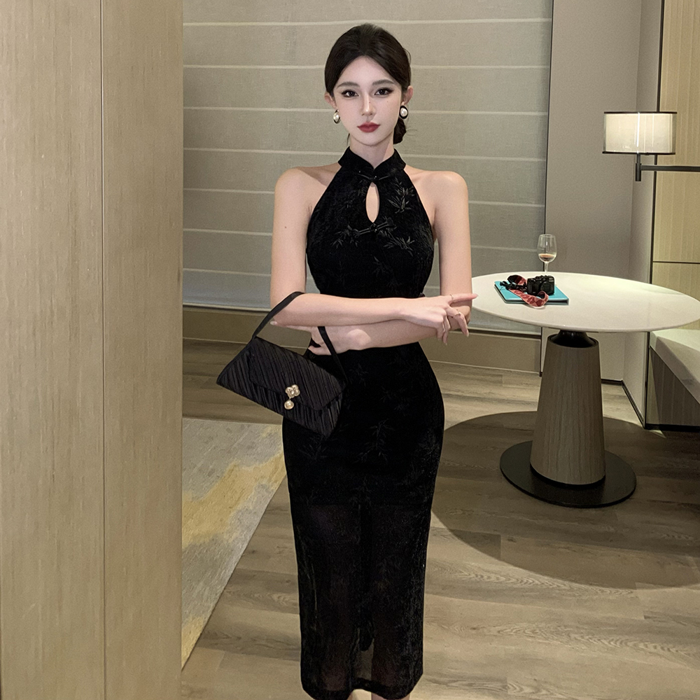 Velvet halter dress slim package hip cheongsam