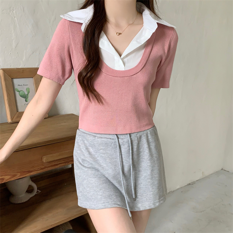 Slim Korean style shirt splice summer tops for women