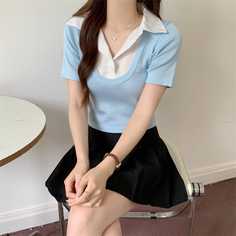 Slim Korean style shirt splice summer tops for women