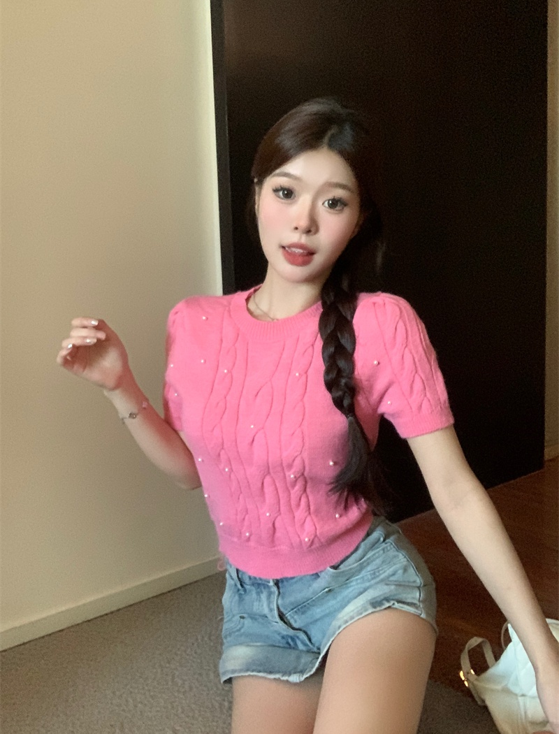 Pearl twist T-shirt short sleeve Korean style sweater