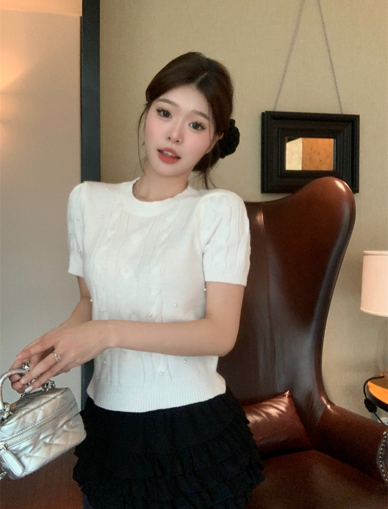 Pearl twist T-shirt short sleeve Korean style sweater