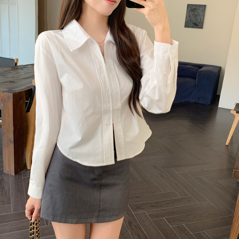 Pure cotton zip shirt spring long sleeve tops for women