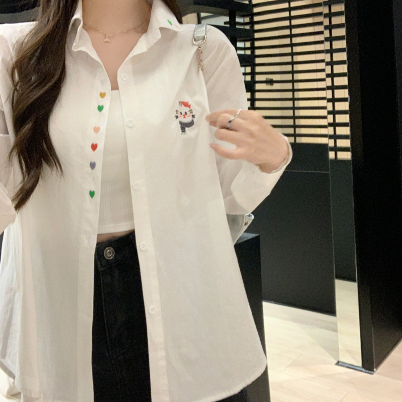Loose college style shirt white embroidery tops for women
