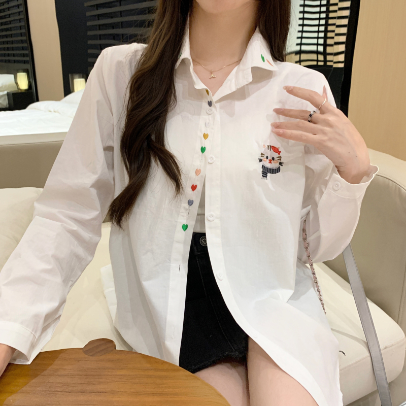 Loose college style shirt white embroidery tops for women