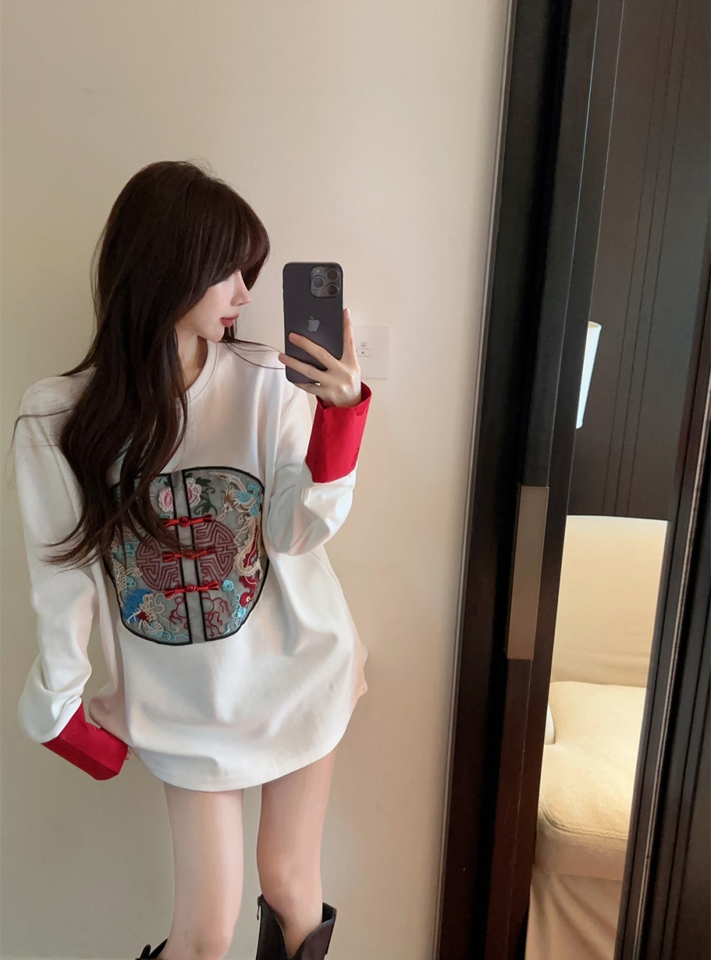 Loose spring long sleeve tops round neck embroidery cheongsam